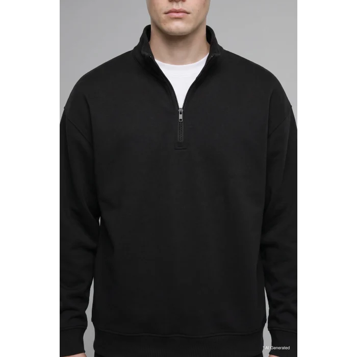Defacto E9363AXBK81 Siyah Boxy Fıt Dik Yaka Skuba Kumaş Uzun Kollu Basic Sweatshirt