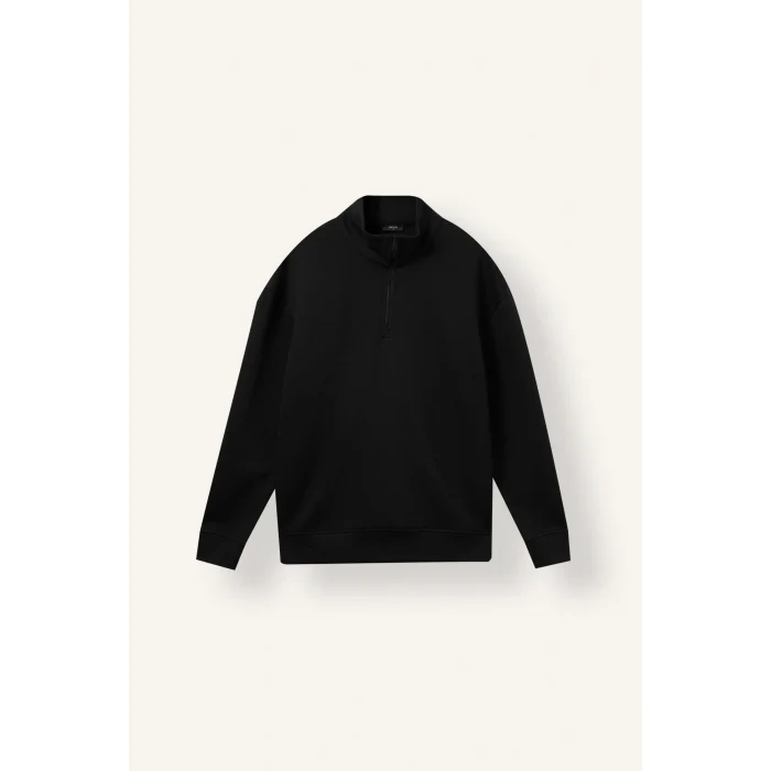 Defacto E9363AXBK81 Siyah Boxy Fıt Dik Yaka Skuba Kumaş Uzun Kollu Basic Sweatshirt