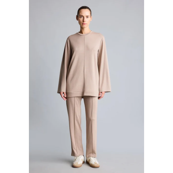 Defacto I4194AXBG73 Bej Regular Fit Bisiklet Yaka Önü Dikiş Detaylı Uzun Kollu Tunik Basic Sweatshirt