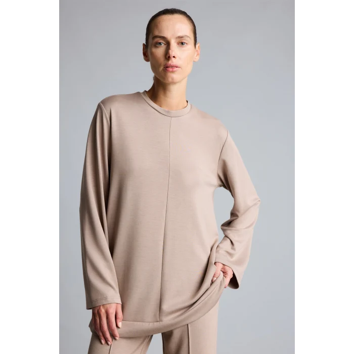 Defacto I4194AXBG73 Bej Regular Fit Bisiklet Yaka Önü Dikiş Detaylı Uzun Kollu Tunik Basic Sweatshirt