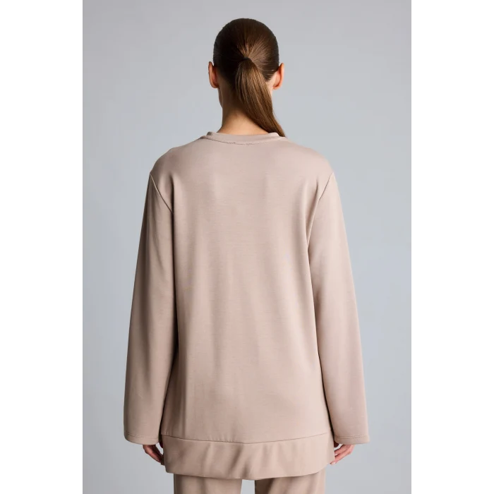 Defacto I4194AXBG73 Bej Regular Fit Bisiklet Yaka Önü Dikiş Detaylı Uzun Kollu Tunik Basic Sweatshirt