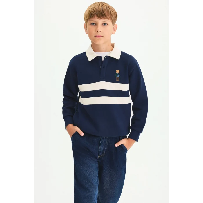 Defacto I3296A8NV31 Lacivert Oversize Polo Yaka Çizgili İçi Yumuşak Tüylü Uzun Kollu Sweatshirt Erkek Çocuk