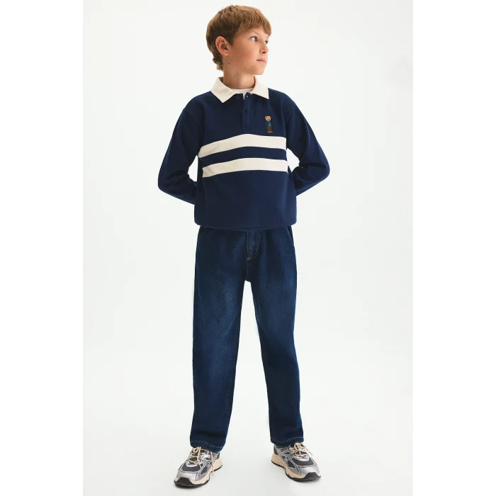 Defacto I3296A8NV31 Lacivert Oversize Polo Yaka Çizgili İçi Yumuşak Tüylü Uzun Kollu Sweatshirt Erkek Çocuk