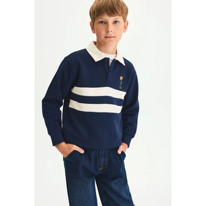 Defacto I3296A8NV31 Lacivert Oversize Polo Yaka Çizgili İçi Yumuşak Tüylü Uzun Kollu Sweatshirt Erkek Çocuk