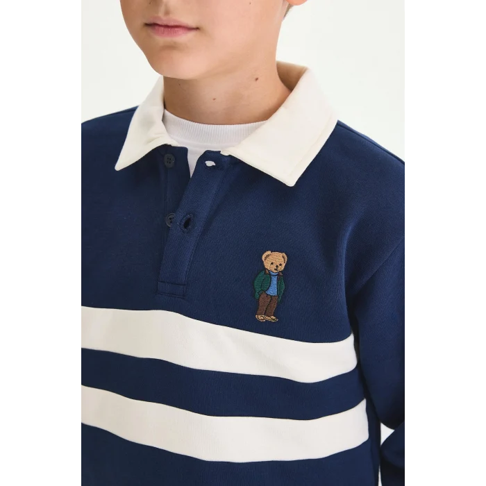 Defacto I3296A8NV31 Lacivert Oversize Polo Yaka Çizgili İçi Yumuşak Tüylü Uzun Kollu Sweatshirt Erkek Çocuk