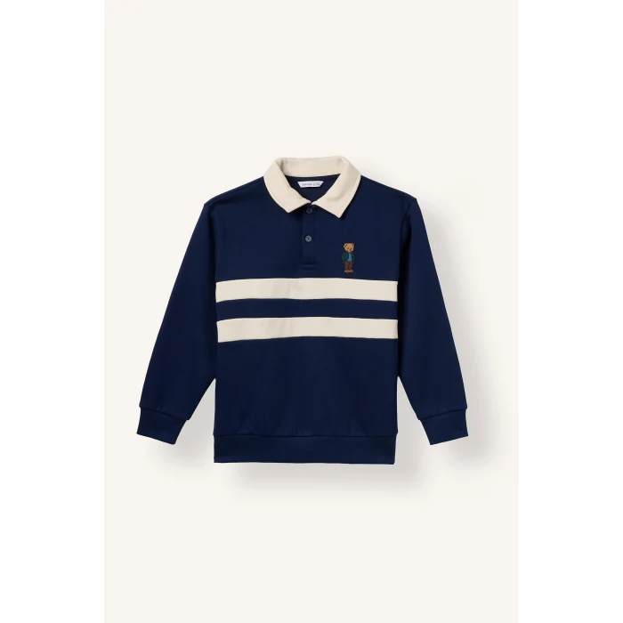 Defacto I3296A8NV31 Lacivert Oversize Polo Yaka Çizgili İçi Yumuşak Tüylü Uzun Kollu Sweatshirt Erkek Çocuk