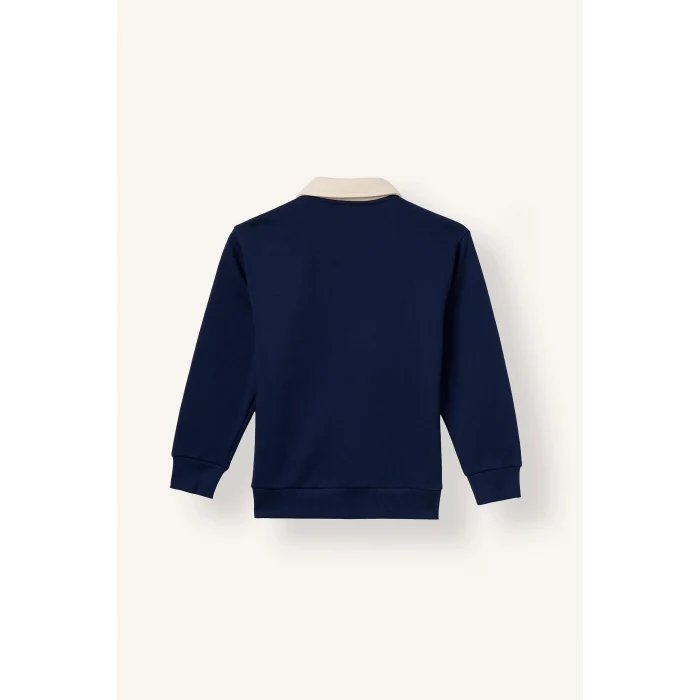 Defacto I3296A8NV31 Lacivert Oversize Polo Yaka Çizgili İçi Yumuşak Tüylü Uzun Kollu Sweatshirt Erkek Çocuk
