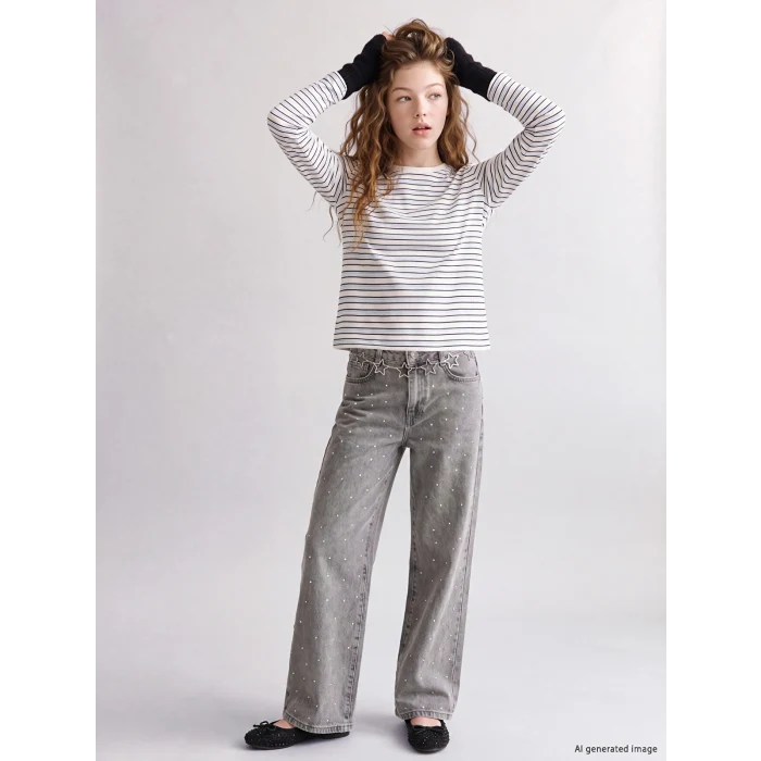LCW Kids Karışık Wideleg Taş İşlemeli Kız Çocuk Jean Pantolon