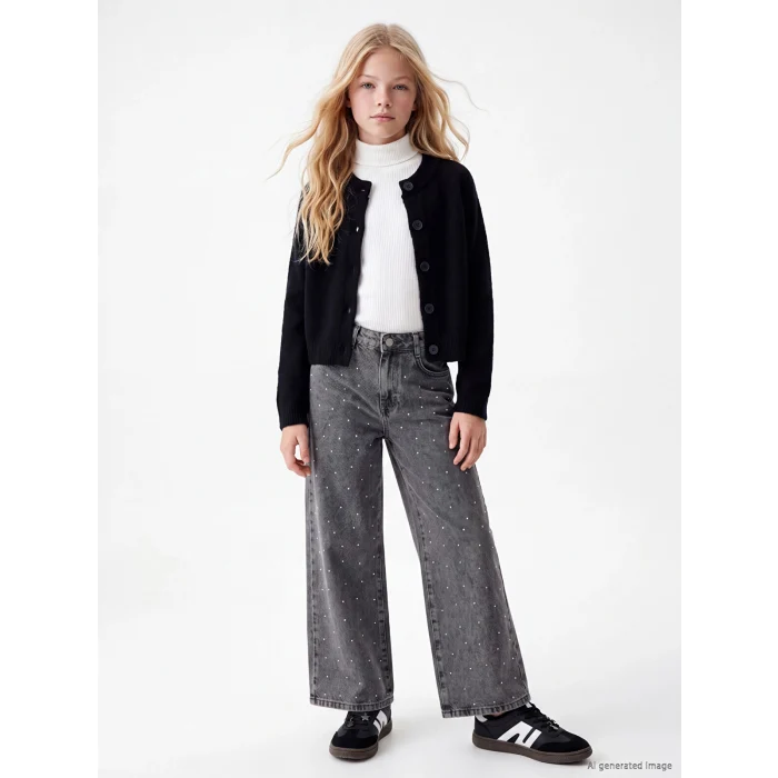 LCW Kids Karışık Wideleg Taş İşlemeli Kız Çocuk Jean Pantolon