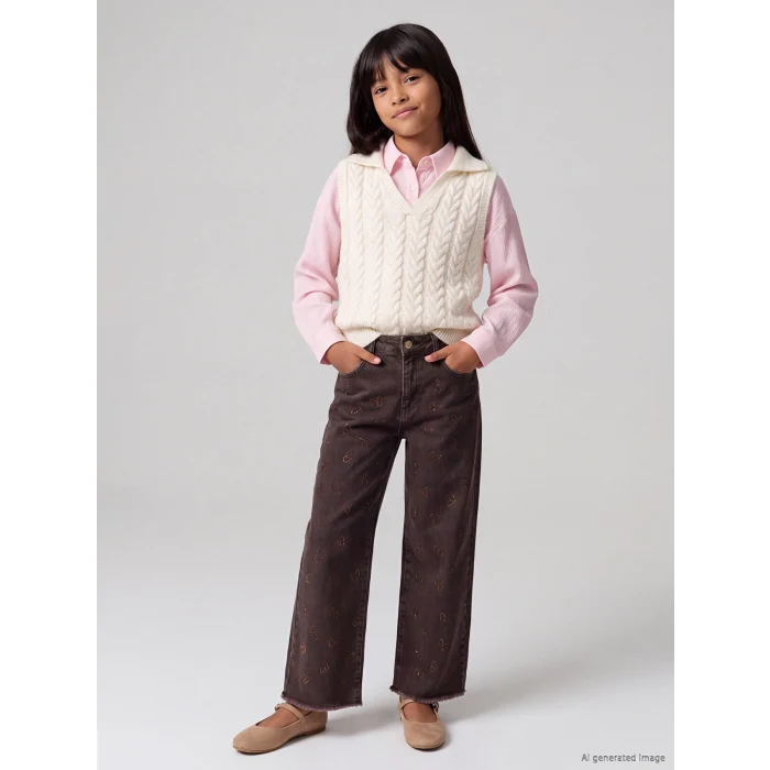 LCW Kids Kahverengi Wideleg Kız Çocuk Jean Pantolon