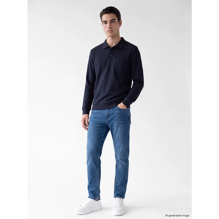 LCWAIKIKI Classic Lacivert Polo Yaka Erkek Sweatshirt