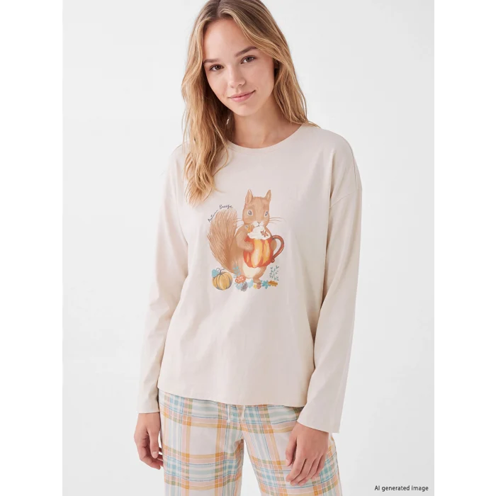 LCW DREAM Pembe Bisiklet Yaka Baskılı Kadın Pijama Takım