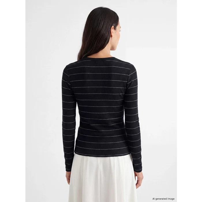 LCW EVERYDAY Siyah Bisiklet Yaka Çizgili Kadın Fitilli Body