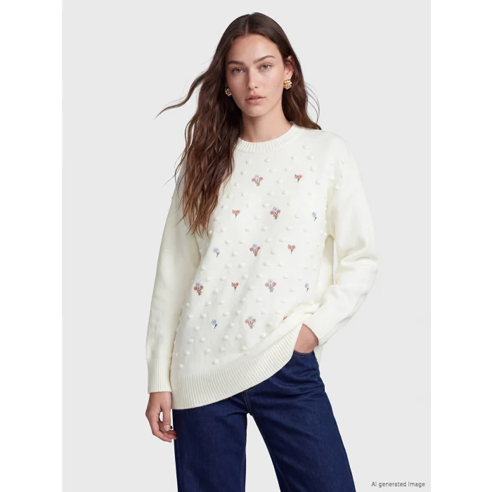 LCW Modest Ekru Bisiklet Yaka Çiçek Nakışlı Kadın Triko Tunik