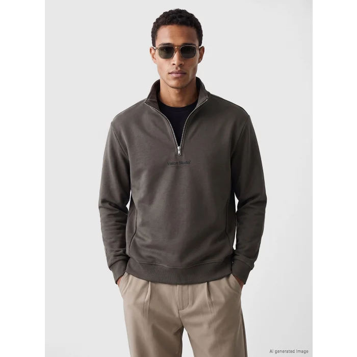 LCW Vision Kahverengi Dik Yaka Baskılı Erkek Kalın Sweatshirt