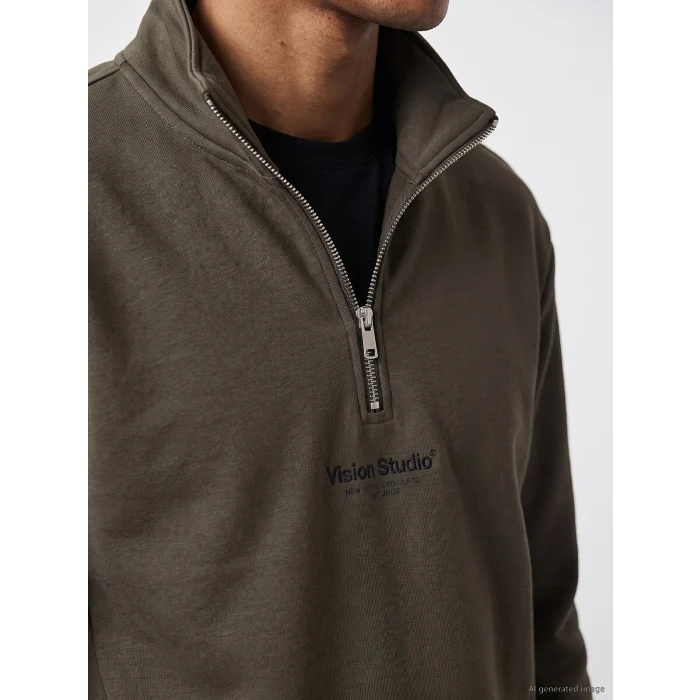 LCW Vision Kahverengi Dik Yaka Baskılı Erkek Kalın Sweatshirt