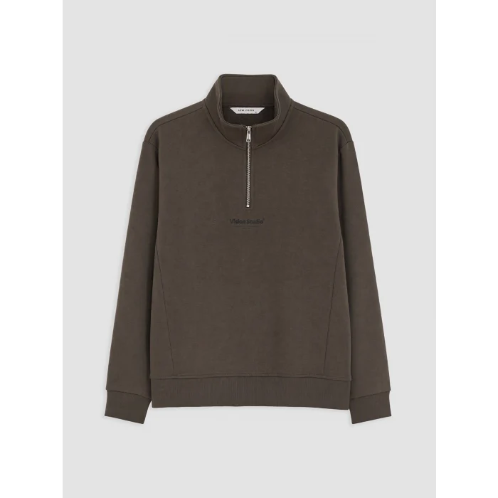 LCW Vision Kahverengi Dik Yaka Baskılı Erkek Kalın Sweatshirt