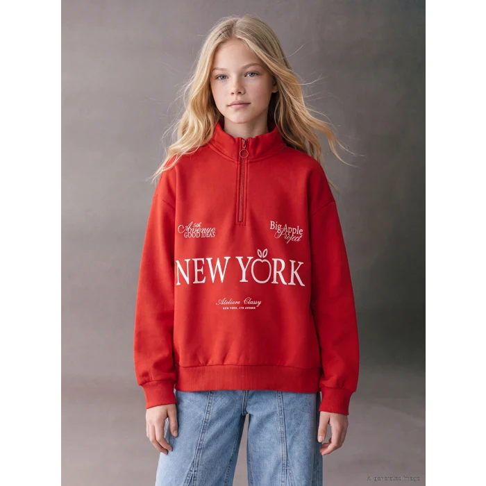 LCW Kids Kırmızı New York Baskılı Kız Çocuk Sweatshirt