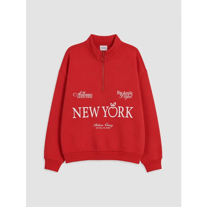 LCW Kids Kırmızı New York Baskılı Kız Çocuk Sweatshirt
