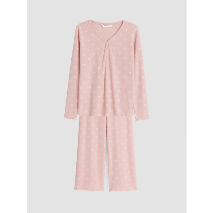 LCW Young Pembe V Yaka Çiçekli Kadın Pijama Takım