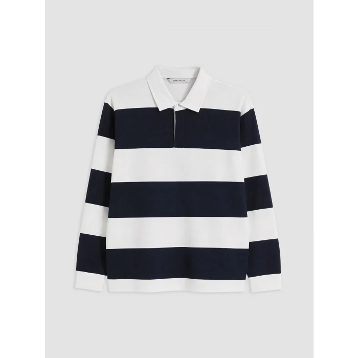 LCW Vision Lacivert Polo Yaka Çizgili Erkek Sweatshirt