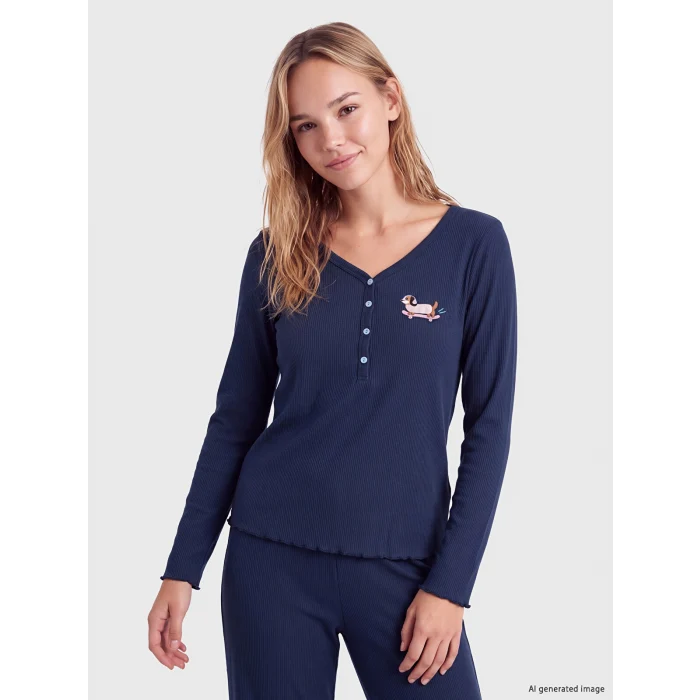 LCW Young Lacivert V Yaka Nakışlı Kadın Pijama Takım