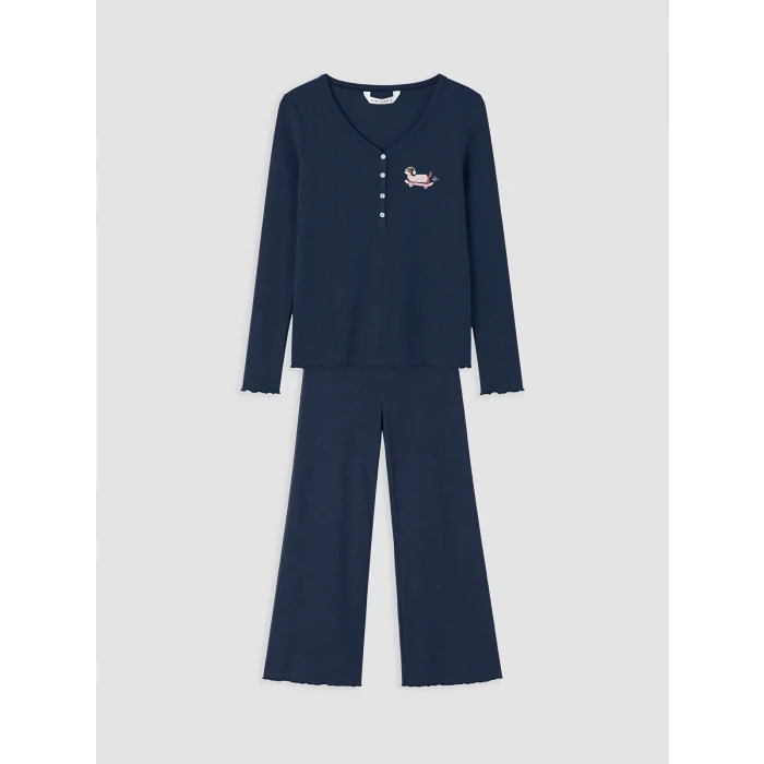 LCW Young Lacivert V Yaka Nakışlı Kadın Pijama Takım
