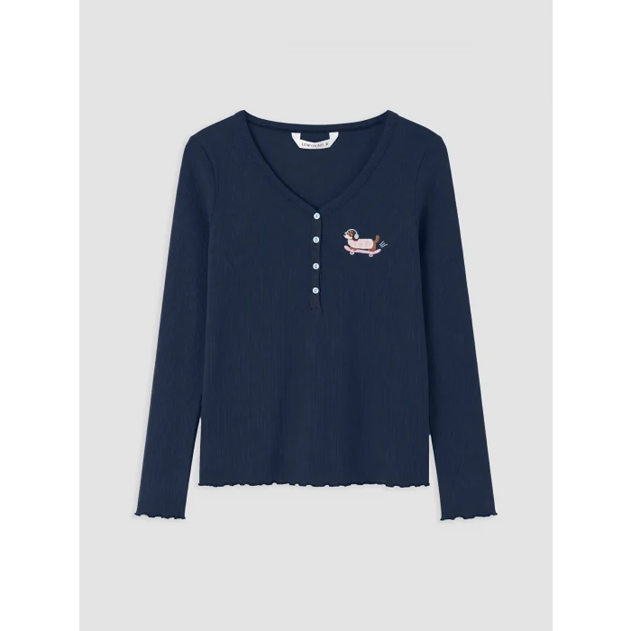 LCW Young Lacivert V Yaka Nakışlı Kadın Pijama Takım