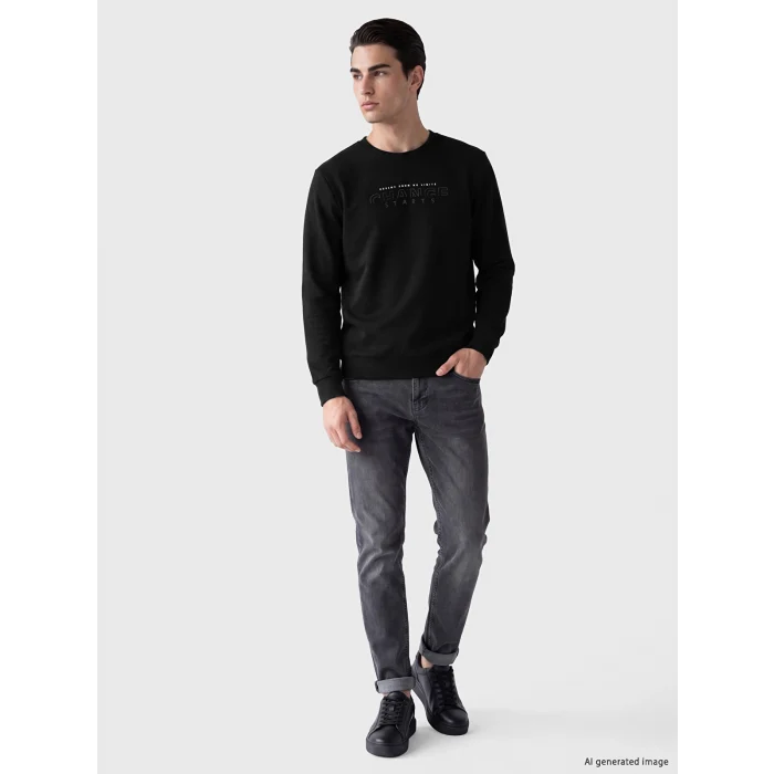 LCWAIKIKI Classic Siyah Bisiklet Yaka Baskılı Erkek Sweatshirt
