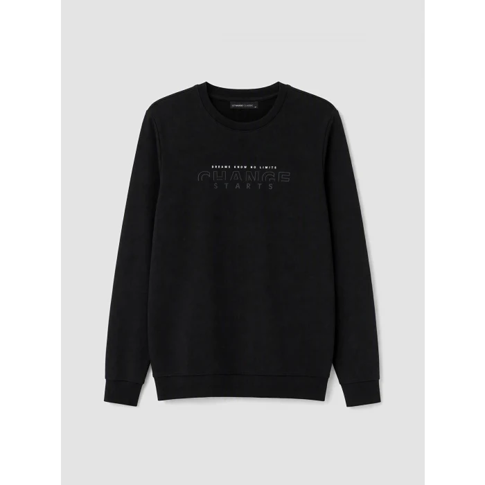 LCWAIKIKI Classic Siyah Bisiklet Yaka Baskılı Erkek Sweatshirt