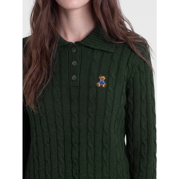 LCW Modest Yeşil Polo Yaka Desenli Kadın Triko Kazak