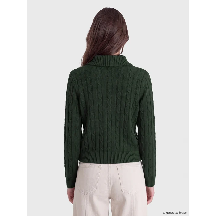 LCW Modest Yeşil Polo Yaka Desenli Kadın Triko Kazak