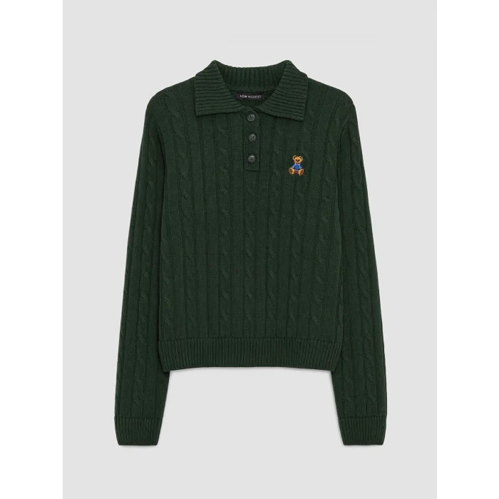 LCW Modest Yeşil Polo Yaka Desenli Kadın Triko Kazak