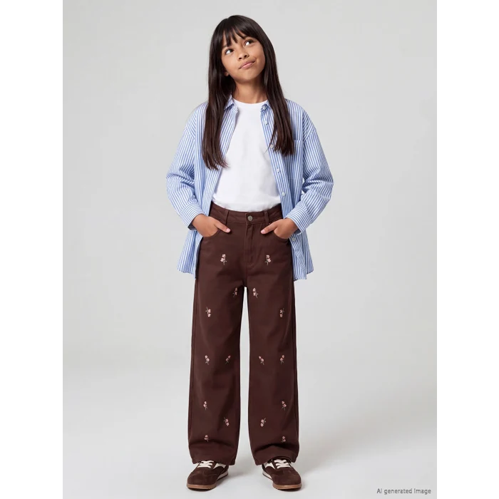 LCW Kids Kahverengi Kız Çocuk Çiçekli Gabardin Pantolon