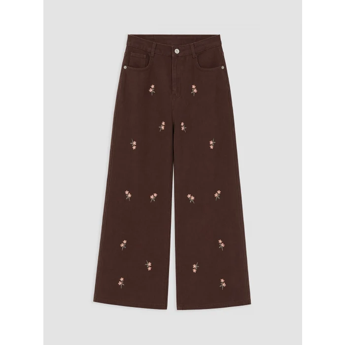 LCW Kids Kahverengi Kız Çocuk Çiçekli Gabardin Pantolon