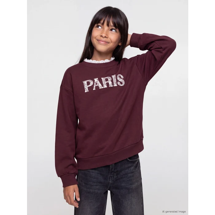 LCW Kids Mürdüm Kalın Paris Baskılı Kız Çocuk Sweatshirt