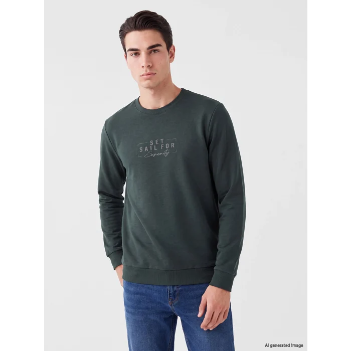 LCWAIKIKI Classic Haki Bisiklet Yaka Baskılı Erkek Sweatshirt