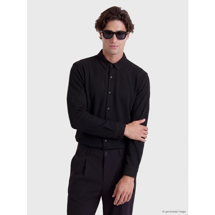 LCW Vision Siyah Slim Fit Dokulu Erkek Gömlek