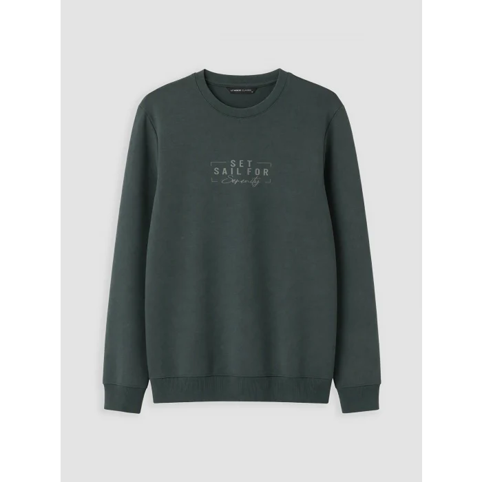 LCWAIKIKI Classic Haki Bisiklet Yaka Baskılı Erkek Sweatshirt