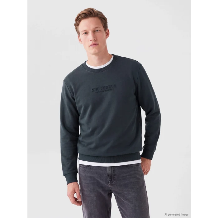 SOUTHBLUE Lacivert Bisiklet Yaka Nakışlı Erkek Kalın Sweatshirt