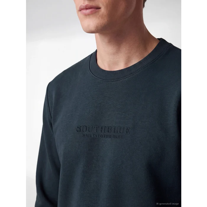 SOUTHBLUE Lacivert Bisiklet Yaka Nakışlı Erkek Kalın Sweatshirt