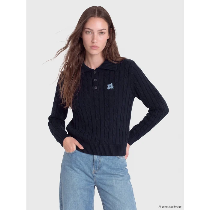 LCW Modest Lacivert Polo Yaka Desenli Kadın Triko Kazak