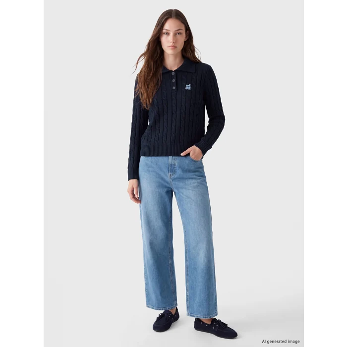 LCW Modest Lacivert Polo Yaka Desenli Kadın Triko Kazak
