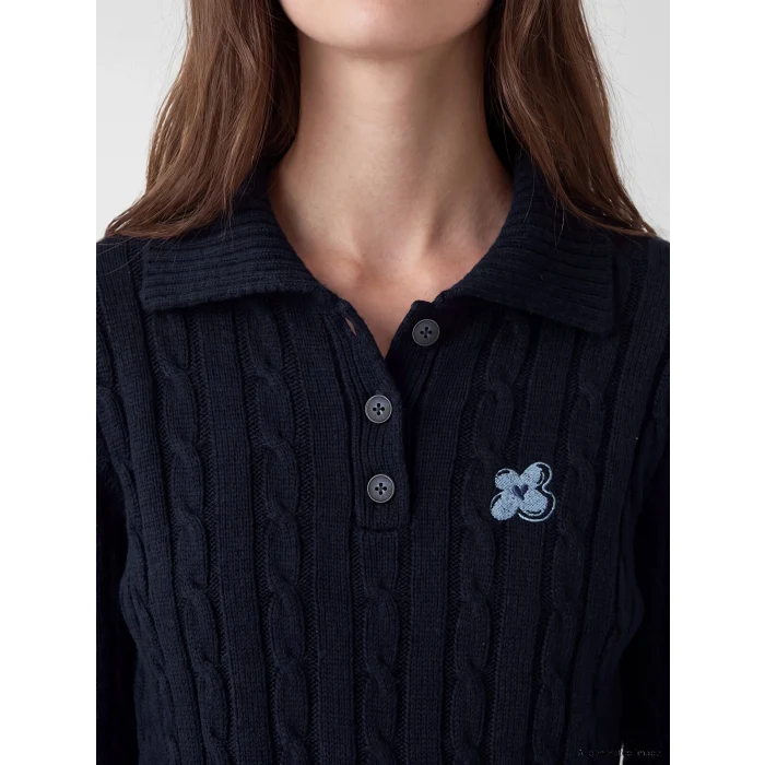 LCW Modest Lacivert Polo Yaka Desenli Kadın Triko Kazak