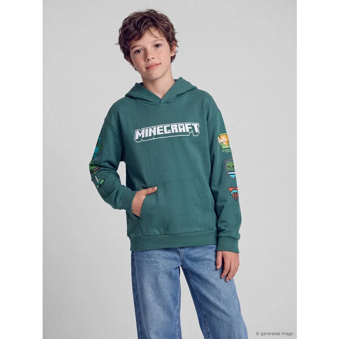LCW Kids Yeşil Kapüşonlu Minecraft Baskılı Erkek Çocuk Sweatshirt