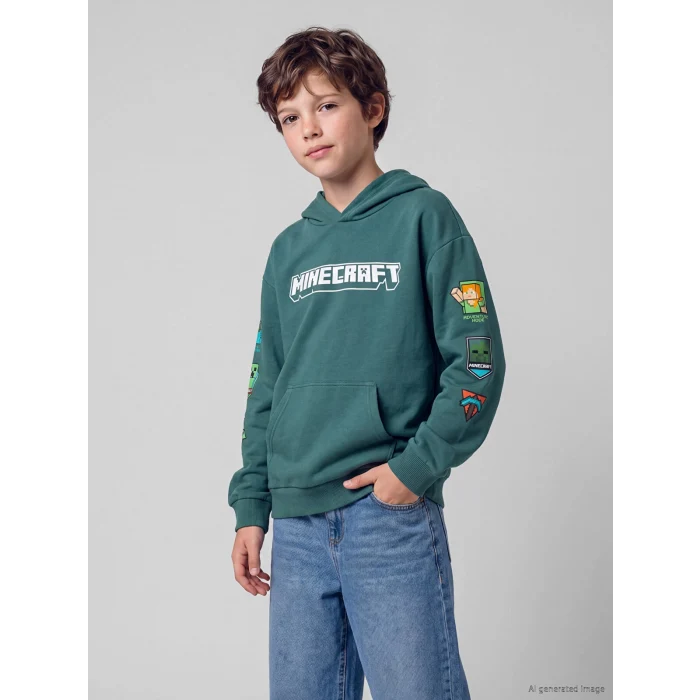 LCW Kids Yeşil Kapüşonlu Minecraft Baskılı Erkek Çocuk Sweatshirt