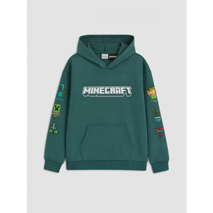 LCW Kids Yeşil Kapüşonlu Minecraft Baskılı Erkek Çocuk Sweatshirt