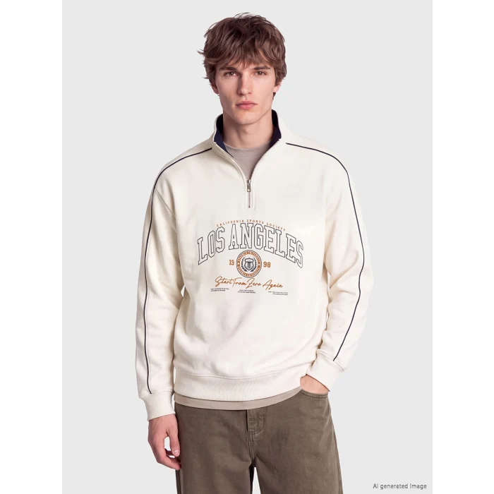 XSIDE Bej Dik Yaka Baskılı Erkek Sweatshirt
