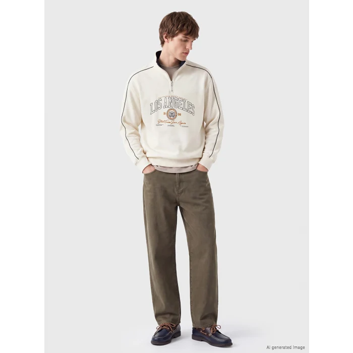 XSIDE Bej Dik Yaka Baskılı Erkek Sweatshirt
