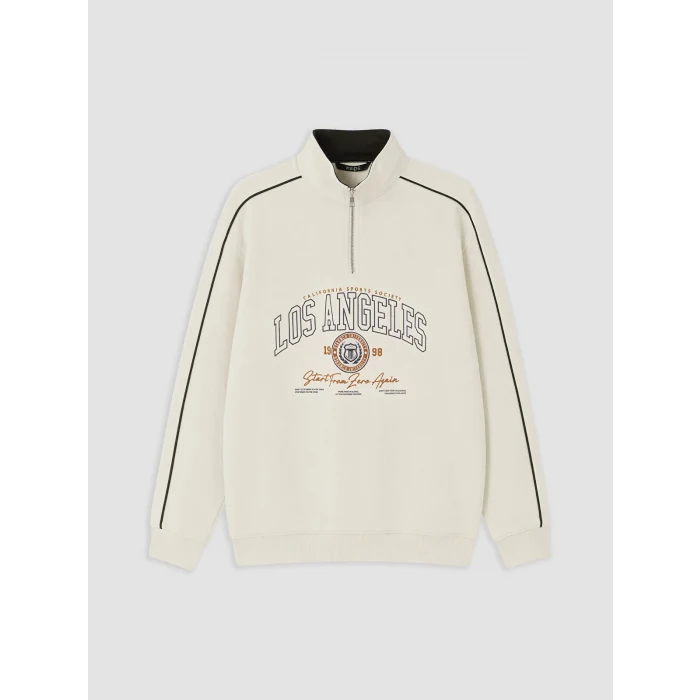 XSIDE Bej Dik Yaka Baskılı Erkek Sweatshirt